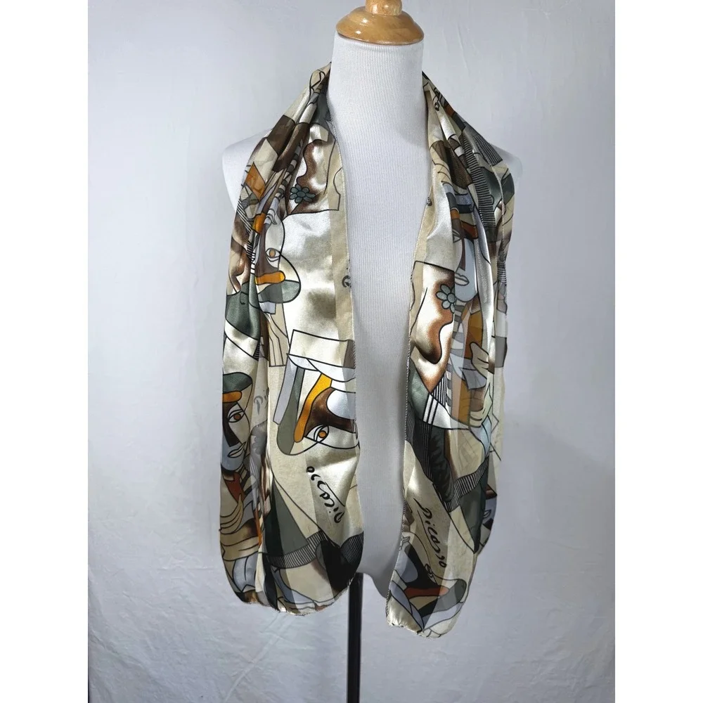 Picasso Scarf Women 12x60 Cream Good Cubist Art Print Silky Rectangular Wrap